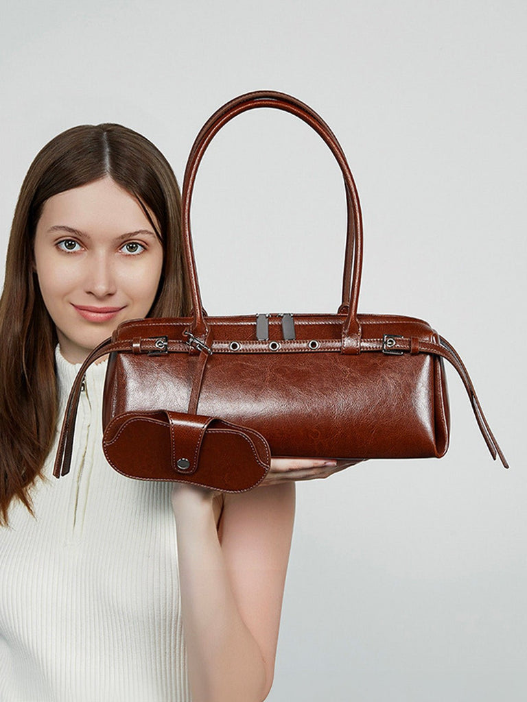 Sac à main en cuir femme, sac à main bandoulière épaule, sac baguette rétro tendance, grand format quotidien, poche extérieure pratique, modèle Isane - Sac à main - Marron