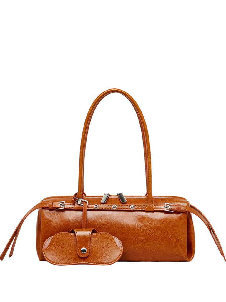 Sac à main en cuir femme, sac à main bandoulière épaule, sac baguette rétro tendance, grand format quotidien, poche extérieure pratique, modèle Isane - Sac à main - Cognac