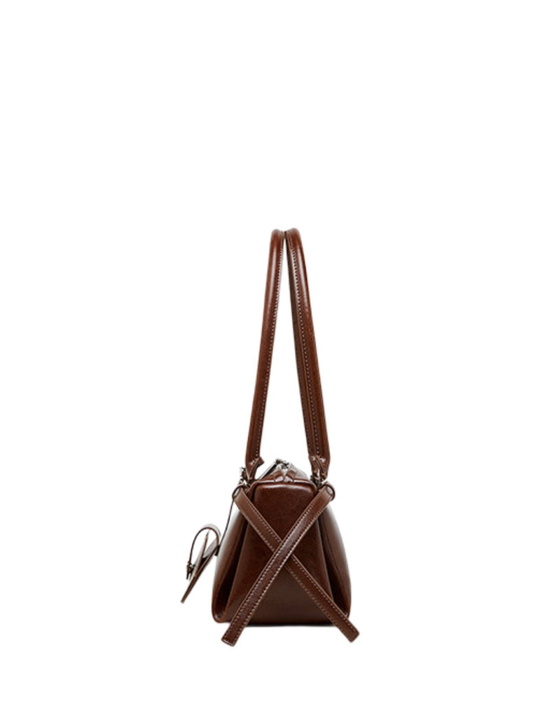 Sac à main en cuir femme, sac à main bandoulière épaule, sac baguette rétro tendance, grand format quotidien, poche extérieure pratique, modèle Isane - Sac à main - Marron