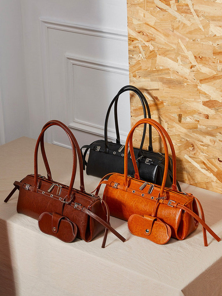 Sac à main en cuir femme, sac à main bandoulière épaule, sac baguette rétro tendance, grand format quotidien, poche extérieure pratique, modèle Isane - Sac à main - Cognac