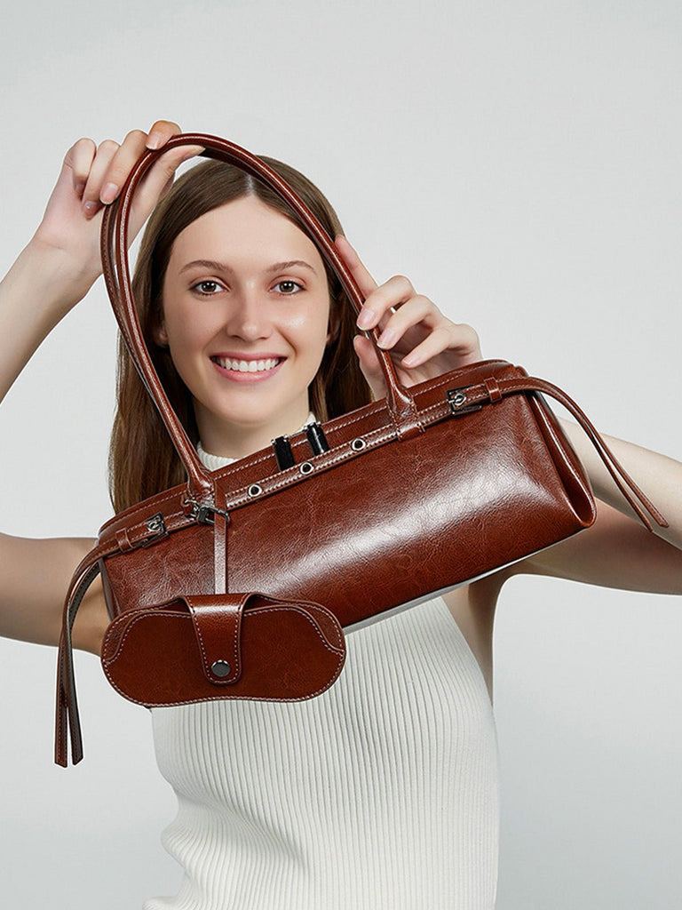 Sac à main en cuir femme, sac à main bandoulière épaule, sac baguette rétro tendance, grand format quotidien, poche extérieure pratique, modèle Isane - Sac à main - Marron