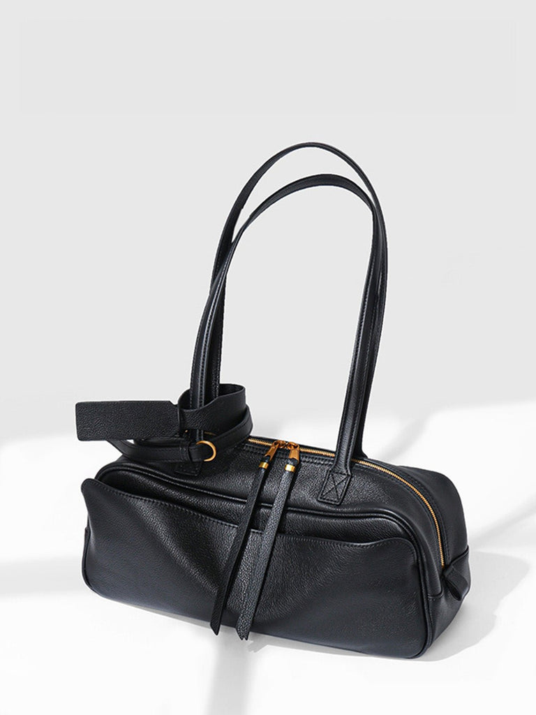 Sac à main en cuir grainé, bandoulière réglable, grand compartiment, format rectangulaire, style épuré, modèle Digne - Sac à main - Noir