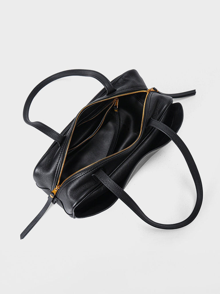 Sac à main en cuir grainé, bandoulière réglable, grand compartiment, format rectangulaire, style épuré, modèle Digne - Sac à main - Noir