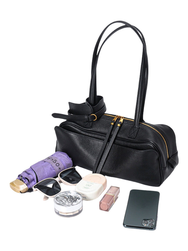 Sac à main en cuir grainé, bandoulière réglable, grand compartiment, format rectangulaire, style épuré, modèle Digne - Sac à main - Noir