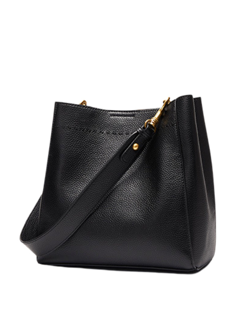 Sac à main en cuir, sac bandoulière, format seau, anse réglable, look vintage, sac quotidien femme, modèle Enzima - Sac à main - Noir