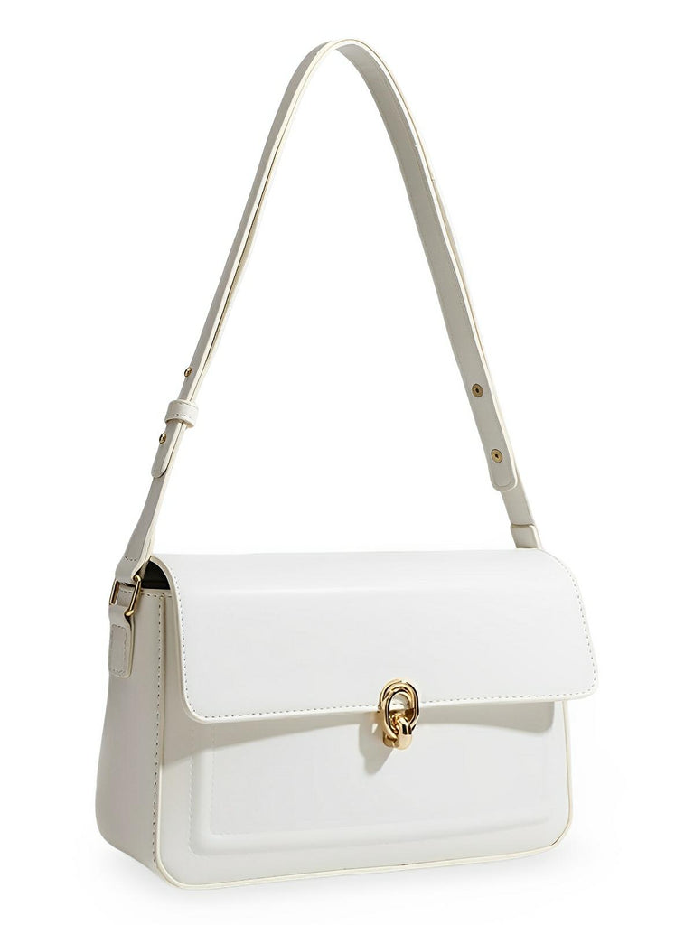 Sac à main en simili vegan, rabat élégant, design minimaliste, porté main ou épaule, format compact, modèle Cindy - Sac à main - Blanc