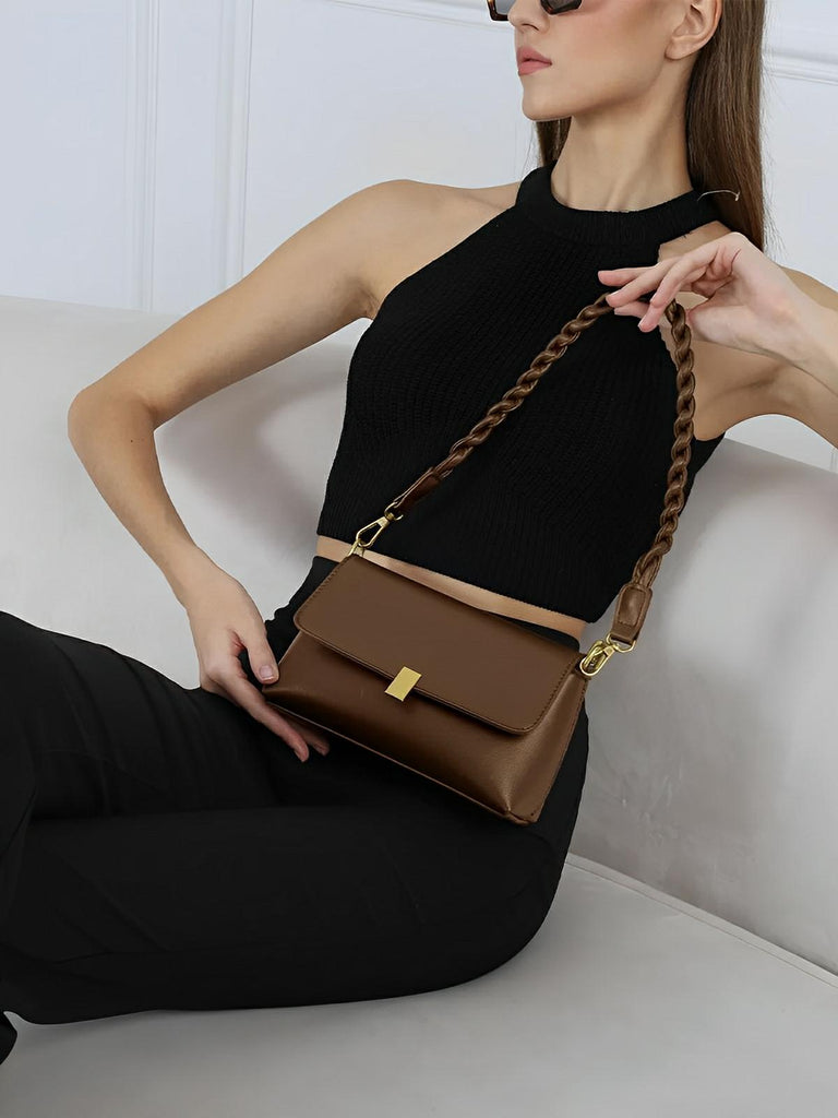 Sac à main femme, à épaule en simili vegan, bandoulière, vintage rectangulaire, quotidien chic, modèle Patricia - Sac à main - Marron