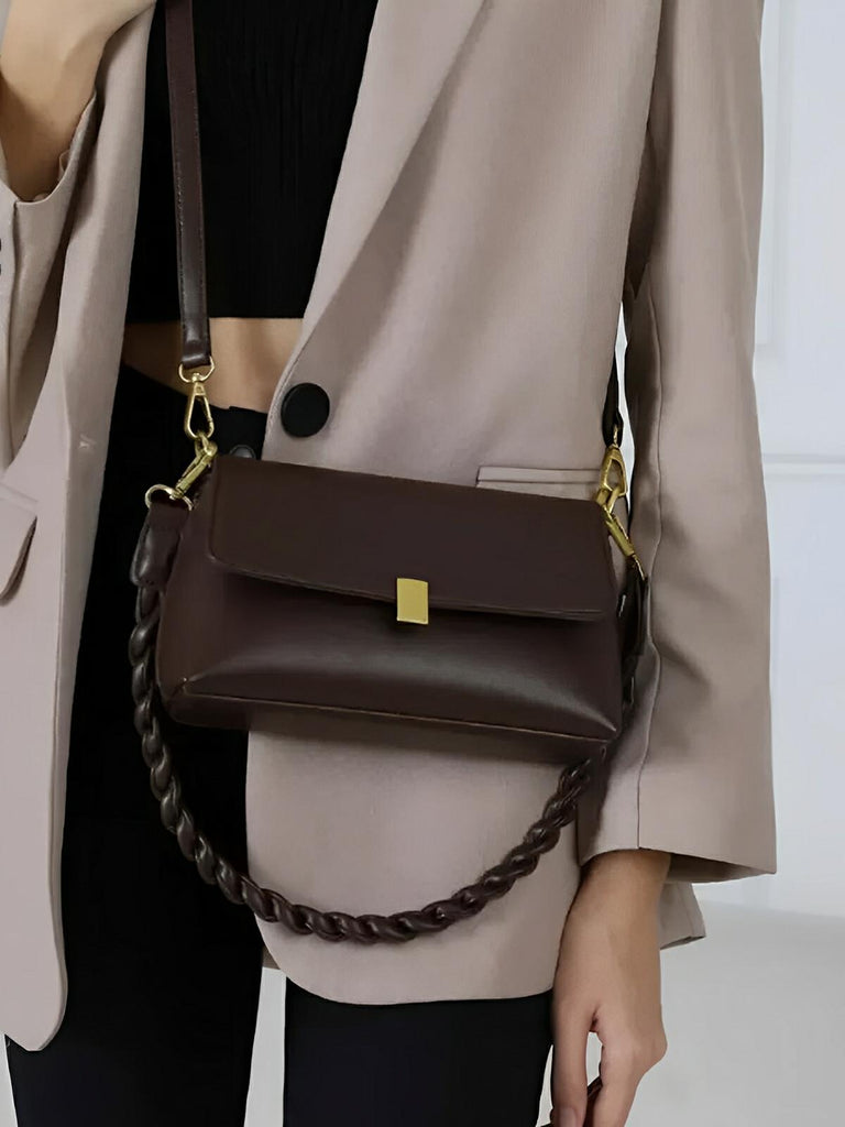 Sac à main femme, à épaule en simili vegan, bandoulière, vintage rectangulaire, quotidien chic, modèle Patricia - Sac à main - Café