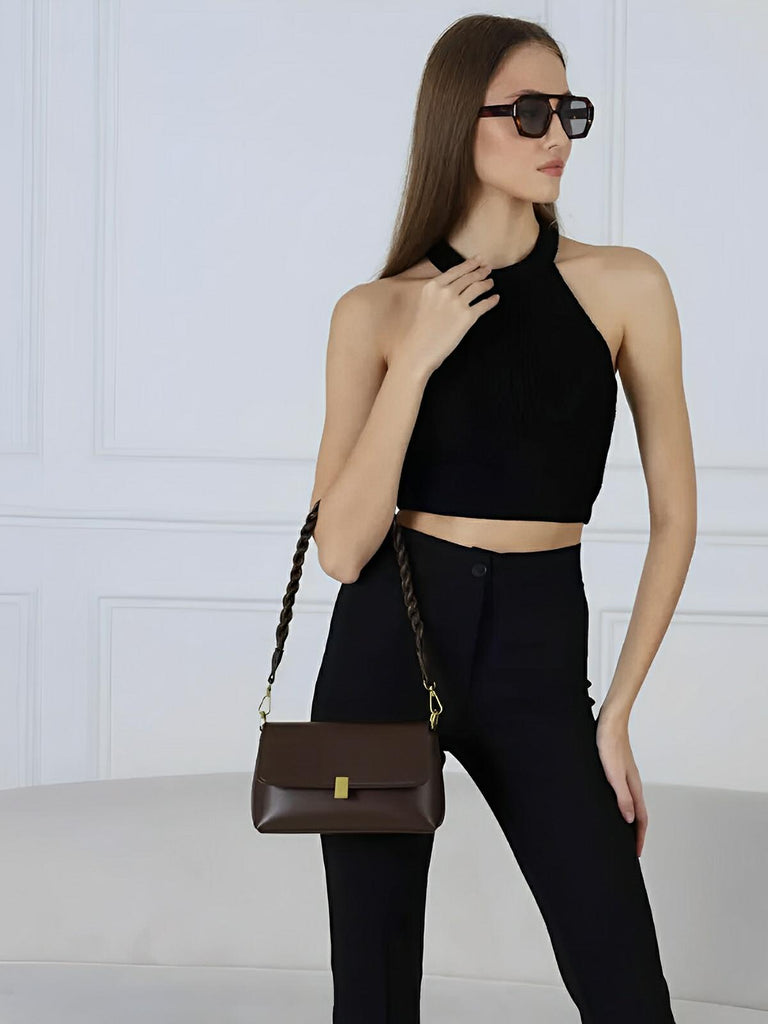 Sac à main femme, à épaule en simili vegan, bandoulière, vintage rectangulaire, quotidien chic, modèle Patricia - Sac à main - Café