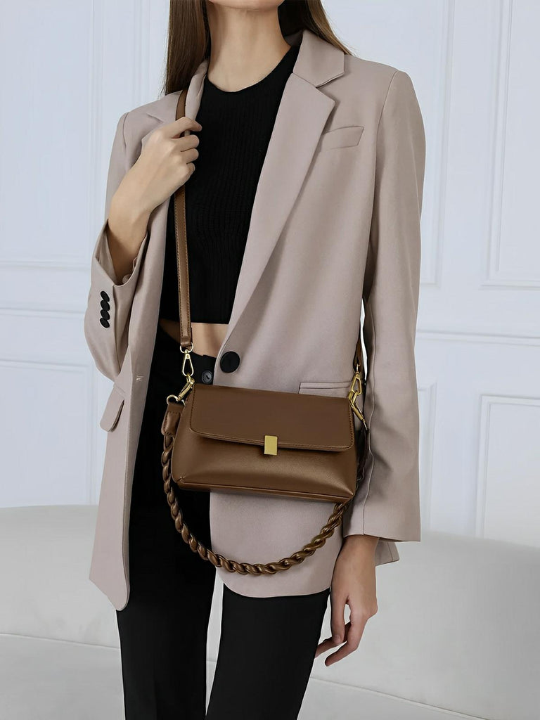 Sac à main femme, à épaule en simili vegan, bandoulière, vintage rectangulaire, quotidien chic, modèle Patricia - Sac à main - Marron