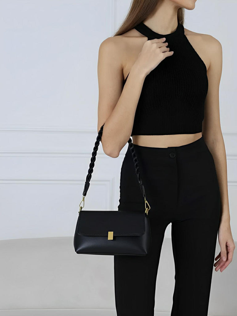 Sac à main femme, à épaule en simili vegan, bandoulière, vintage rectangulaire, quotidien chic, modèle Patricia - Sac à main - Noir