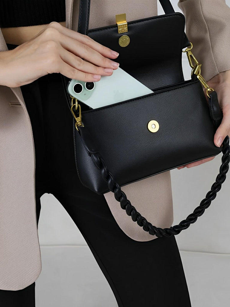 Sac à main femme, à épaule en simili vegan, bandoulière, vintage rectangulaire, quotidien chic, modèle Patricia - Sac à main - Noir