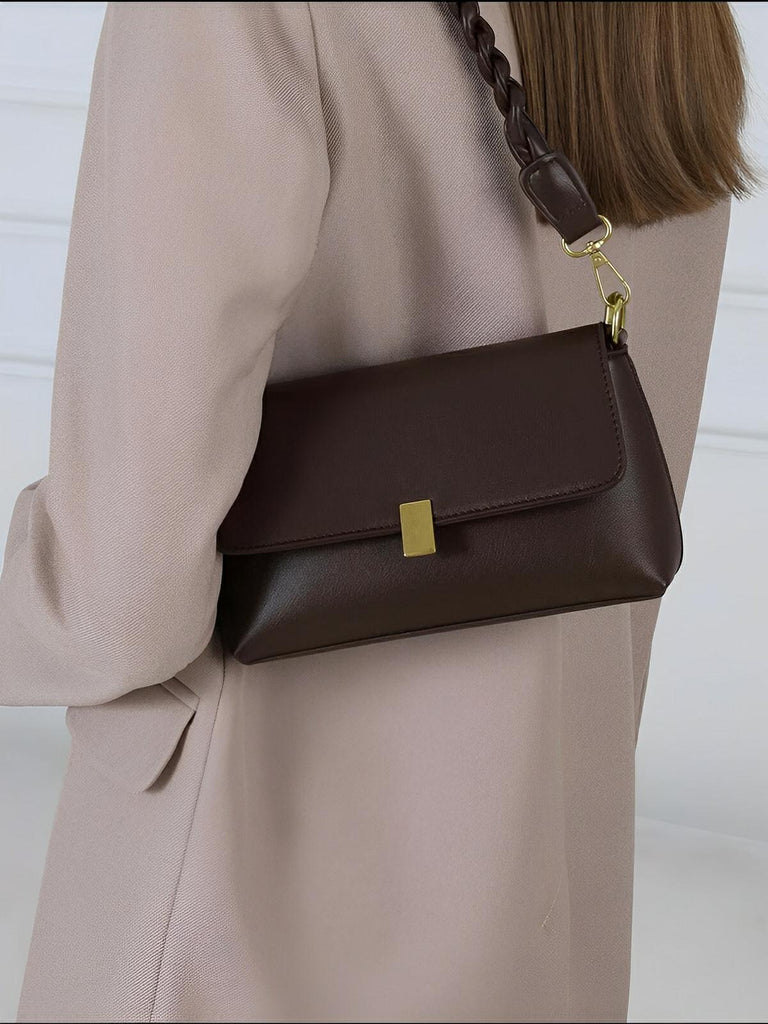 Sac à main femme, à épaule en simili vegan, bandoulière, vintage rectangulaire, quotidien chic, modèle Patricia - Sac à main - Café