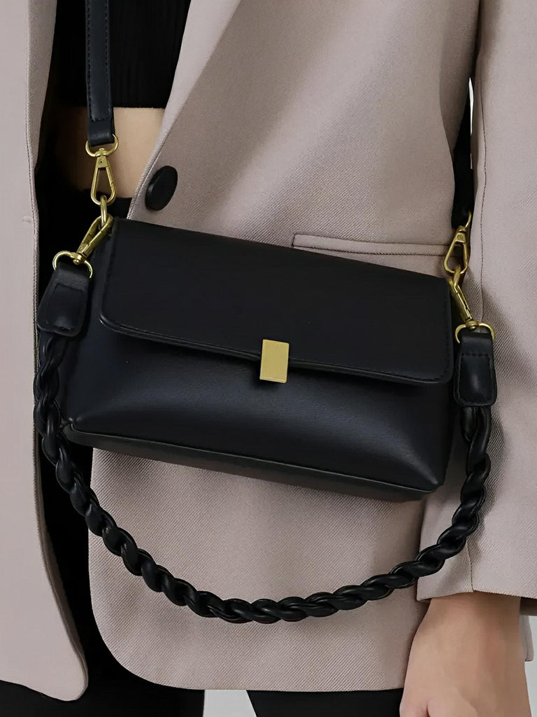 Sac à main femme, à épaule en simili vegan, bandoulière, vintage rectangulaire, quotidien chic, modèle Patricia - Sac à main - Noir