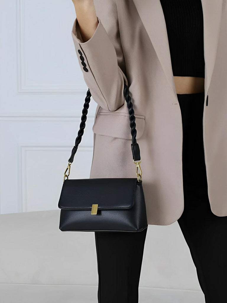 Sac à main femme, à épaule en simili vegan, bandoulière, vintage rectangulaire, quotidien chic, modèle Patricia - Sac à main - Noir