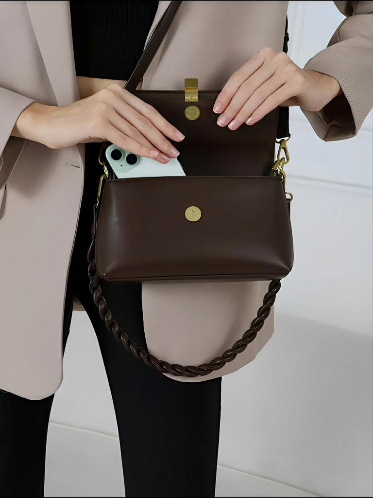 Sac à main femme, à épaule en simili vegan, bandoulière, vintage rectangulaire, quotidien chic, modèle Patricia - Sac à main - Café