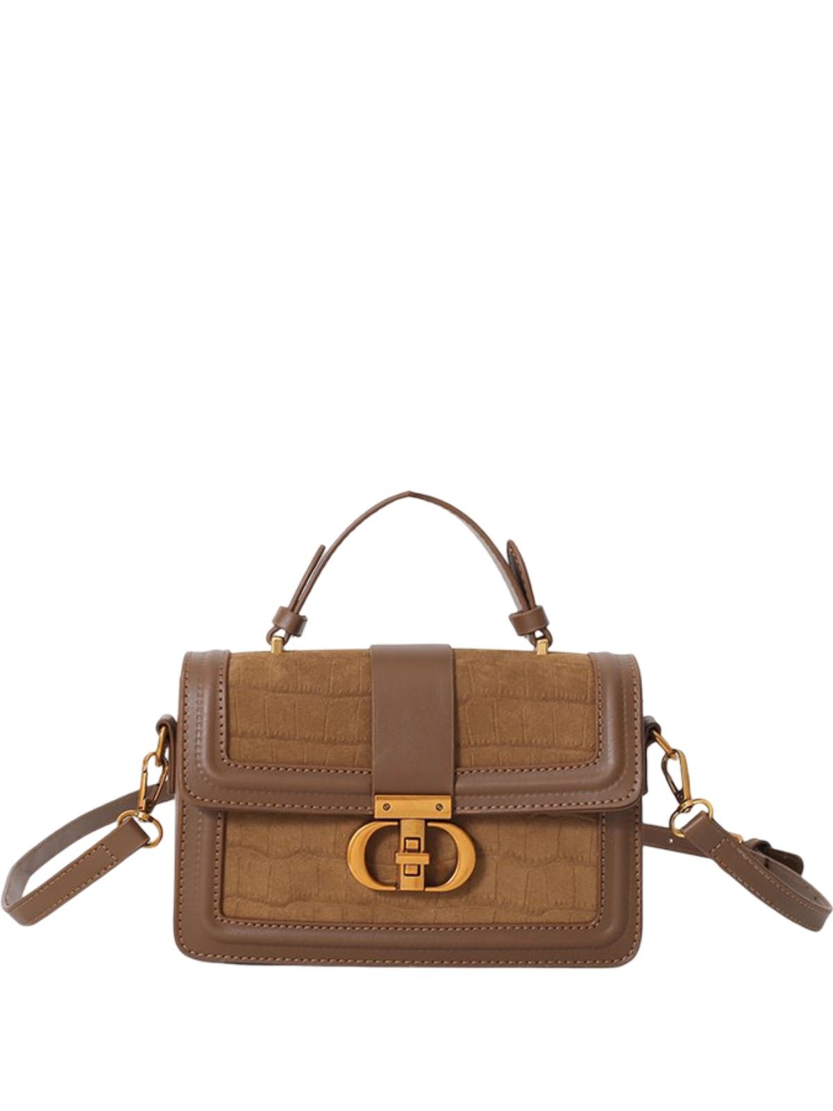 Sac à main femme aspect croco, sac bandoulière chic, sac porté travers avec fermoir doré, aspect moderne, modèle Limona - Sac à main - Marron