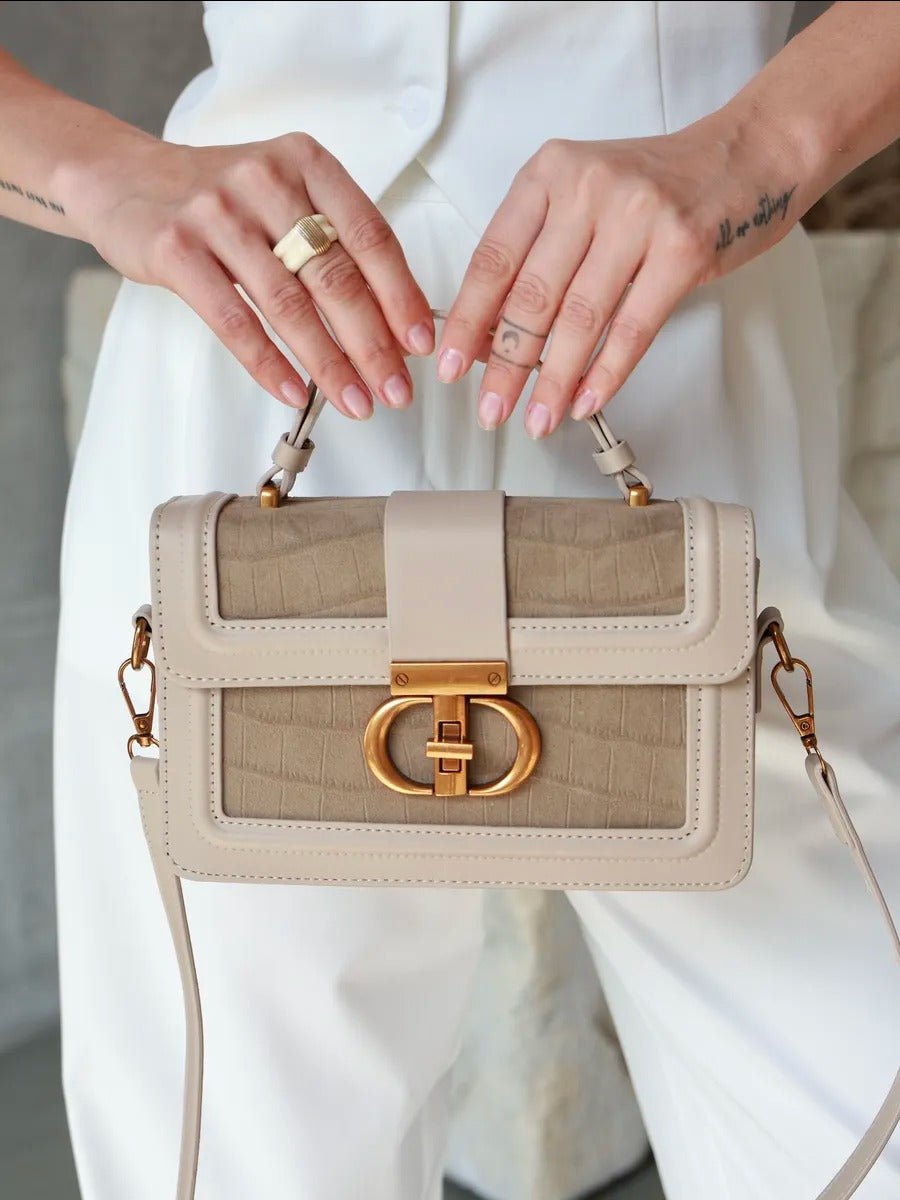 Sac à main femme aspect croco, sac bandoulière chic, sac porté travers avec fermoir doré, aspect moderne, modèle Limona - Sac à main - Beige