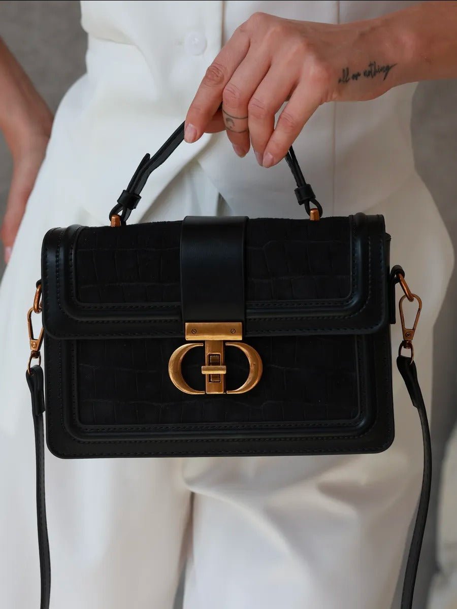 Sac à main femme aspect croco, sac bandoulière chic, sac porté travers avec fermoir doré, aspect moderne, modèle Limona - Sac à main - Noir