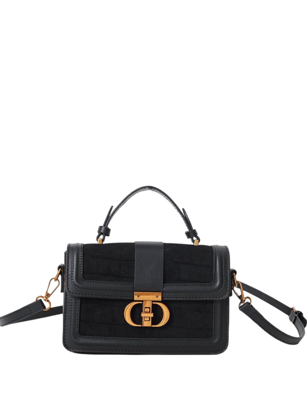 Sac à main femme aspect croco, sac bandoulière chic, sac porté travers avec fermoir doré, aspect moderne, modèle Limona - Sac à main - Noir