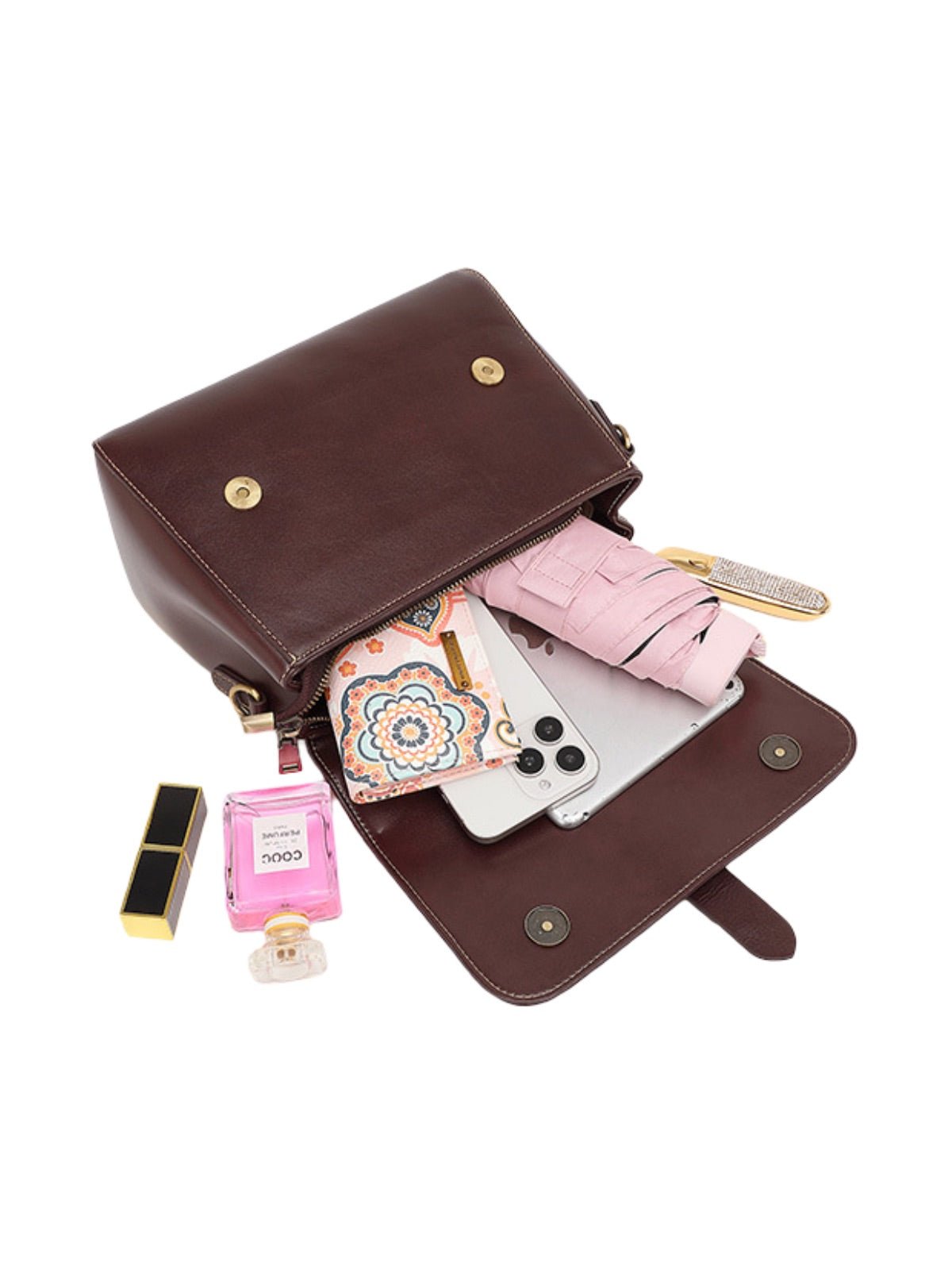 Sac à main femme cuir, bandoulière amovible, format compact, rabat magnétique, design vintage, modèle Junissa - Sac à main - Café