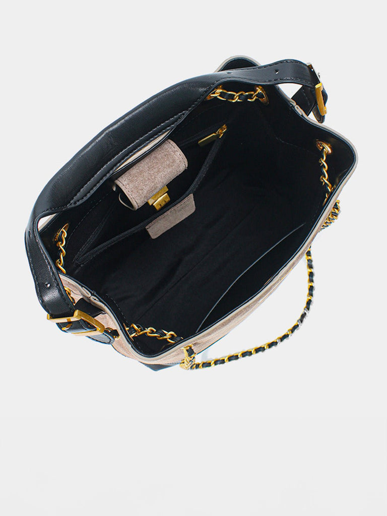 Sac à main femme cuir suédé, style luxe, chaîne dorée, forme seau, anse réglable, incontournable, modèle Ombeline - Sac à main - Marron