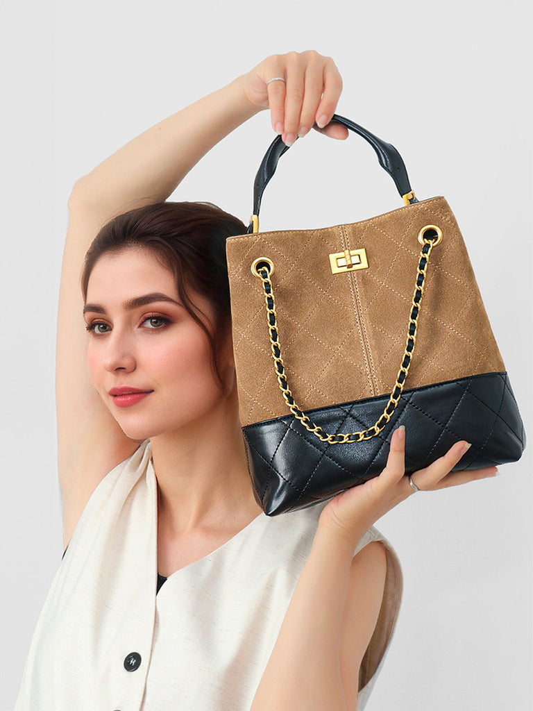 Sac à main femme cuir suédé, style luxe, chaîne dorée, forme seau, anse réglable, incontournable, modèle Ombeline - Sac à main - Marron