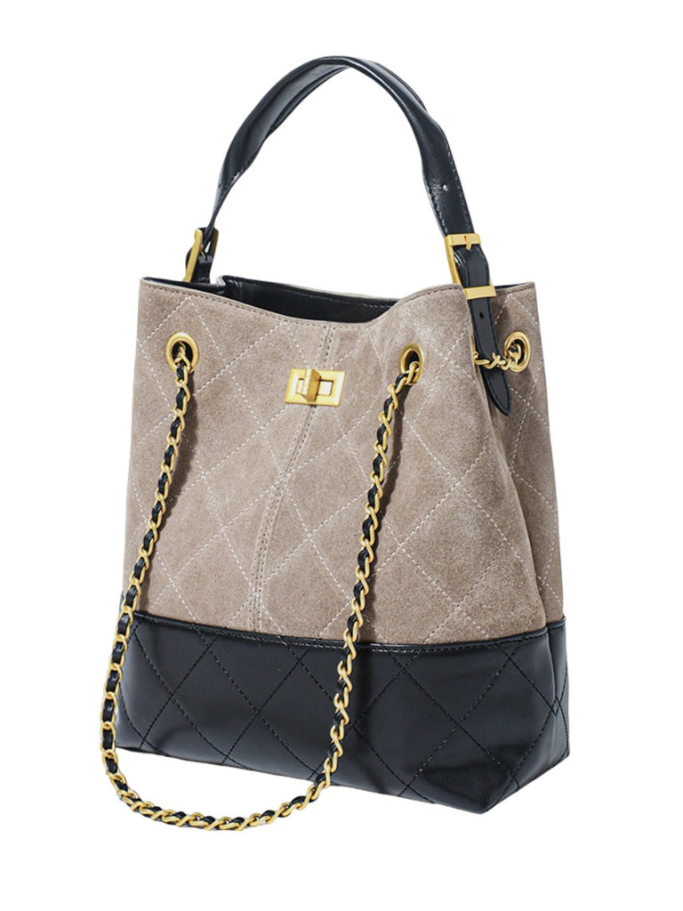 Sac à main femme cuir suédé, style luxe, chaîne dorée, forme seau, anse réglable, incontournable, modèle Ombeline - Sac à main - Gris