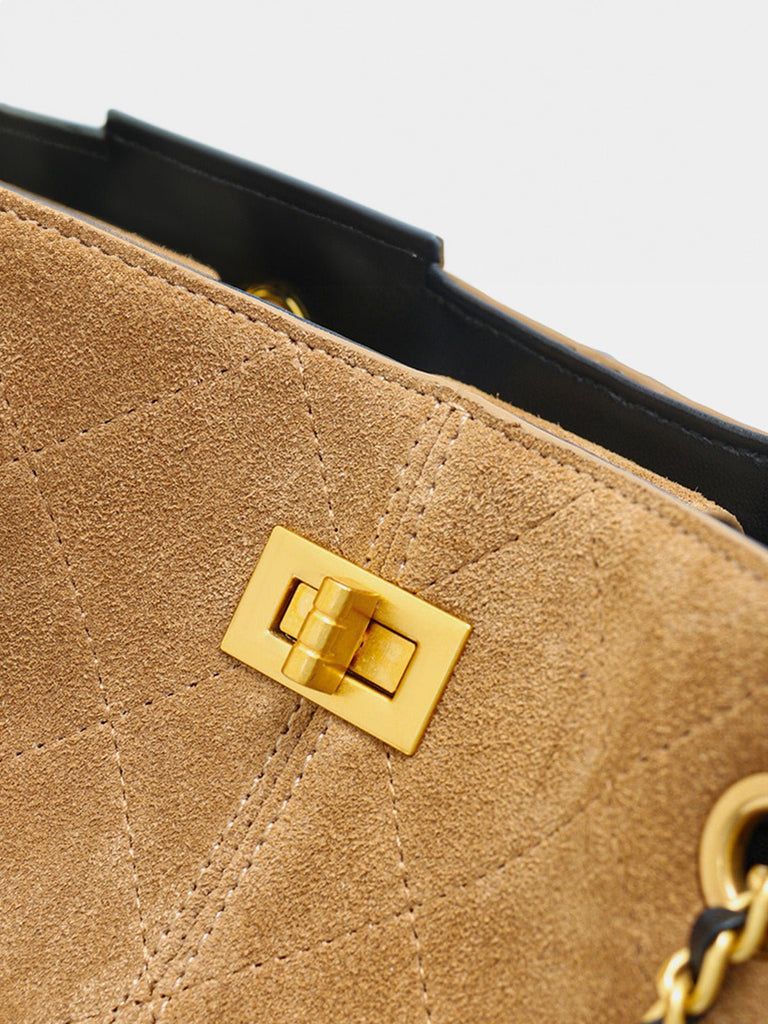Sac à main femme cuir suédé, style luxe, chaîne dorée, forme seau, anse réglable, incontournable, modèle Ombeline - Sac à main - Marron