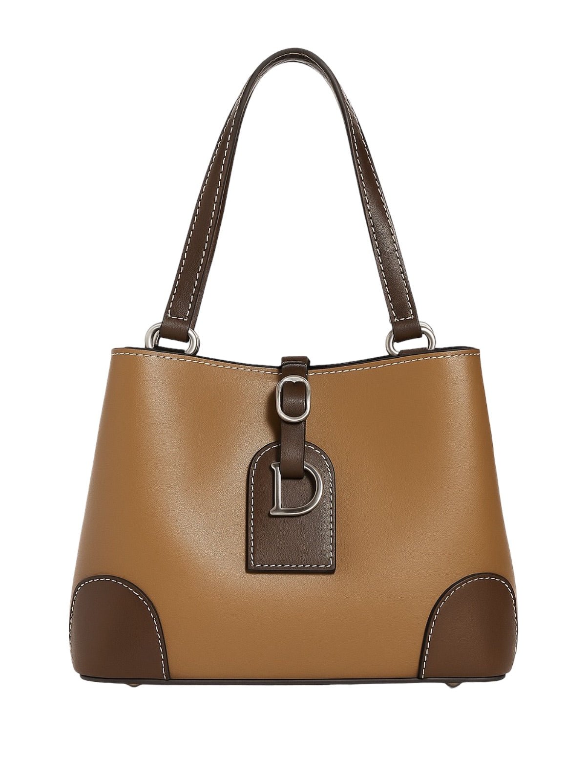 Sac à main femme "D" brillant métallisé, sac bandoulière, format seau, spacieux et organisé, idéal quotidien, modèle Djonia - Sac à main - Marron