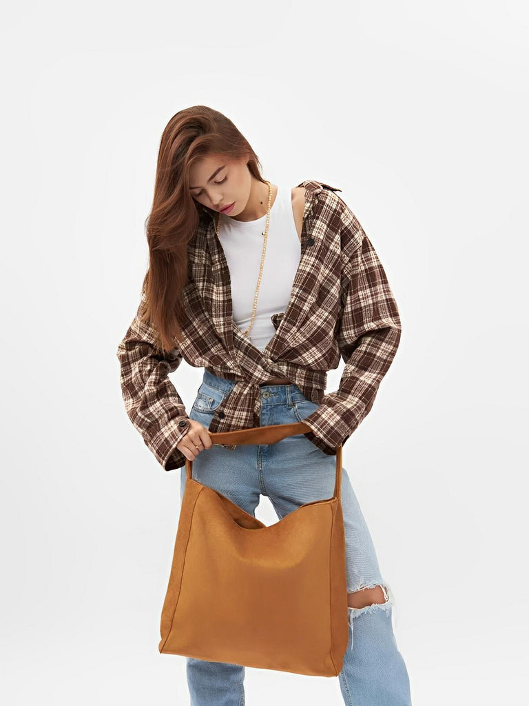 Sac à main femme, grand cabas en suédine, style urbain, polyvalent et tendance, modèle Caroline - Sac à main - Marron