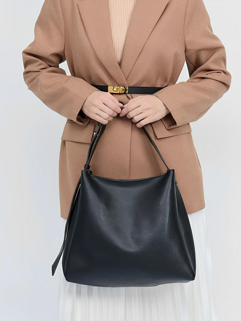 Sac à main femme grand format, cabas simili vegan, fermeture éclair et bouton magnétique, avec pochette incluse, modèle Fanny - Sac à main - Noir