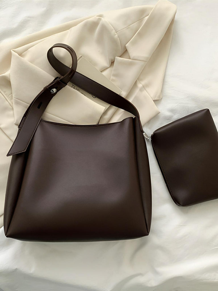 Sac à main femme grand format, cabas simili vegan, fermeture éclair et bouton magnétique, avec pochette incluse, modèle Fanny - Sac à main - Café