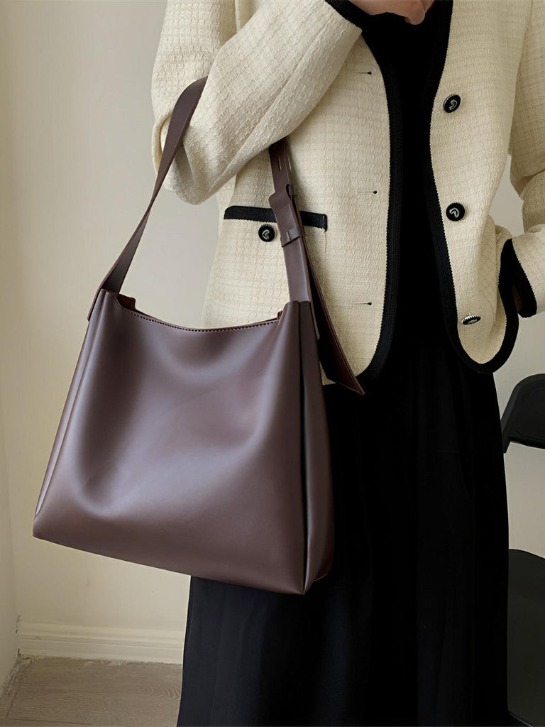 Sac à main femme grand format, cabas simili vegan, fermeture éclair et bouton magnétique, avec pochette incluse, modèle Fanny - Sac à main - Café