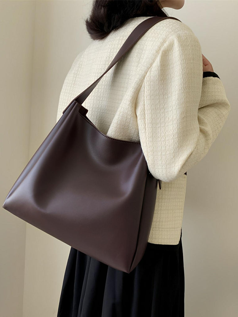 Sac à main femme grand format, cabas simili vegan, fermeture éclair et bouton magnétique, avec pochette incluse, modèle Fanny - Sac à main - Café