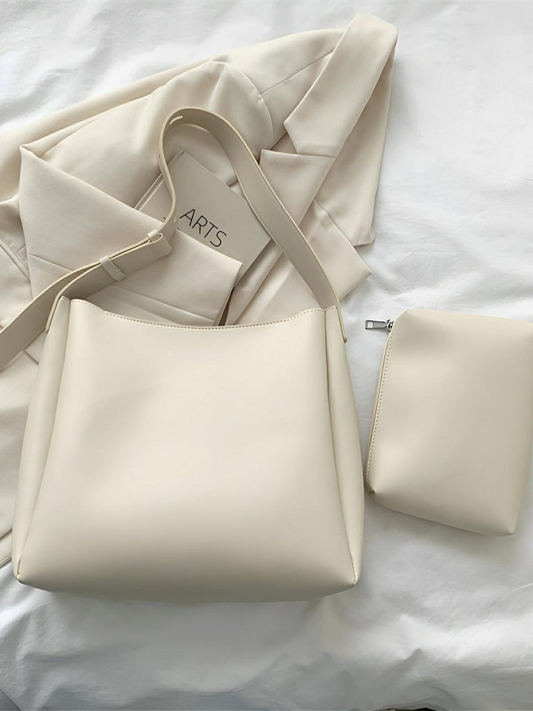 Sac à main femme grand format, cabas simili vegan, fermeture éclair et bouton magnétique, avec pochette incluse, modèle Fanny - Sac à main - Blanc