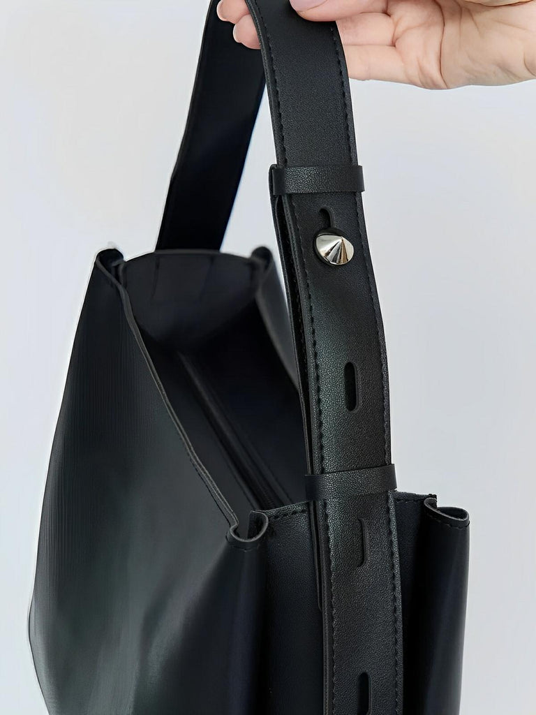 Sac à main femme grand format, cabas simili vegan, fermeture éclair et bouton magnétique, avec pochette incluse, modèle Fanny - Sac à main - Noir