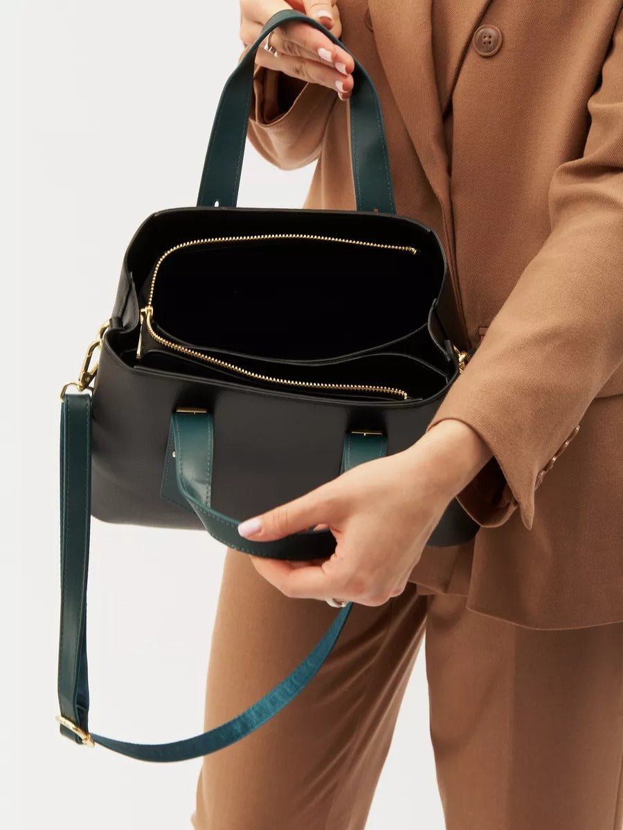 Sac à main femme, sac bandoulière, sac trapèze, moyen format, PU lisse, anse contrastée, sac chic ville, modèle Agapite - Sac à main - Noir