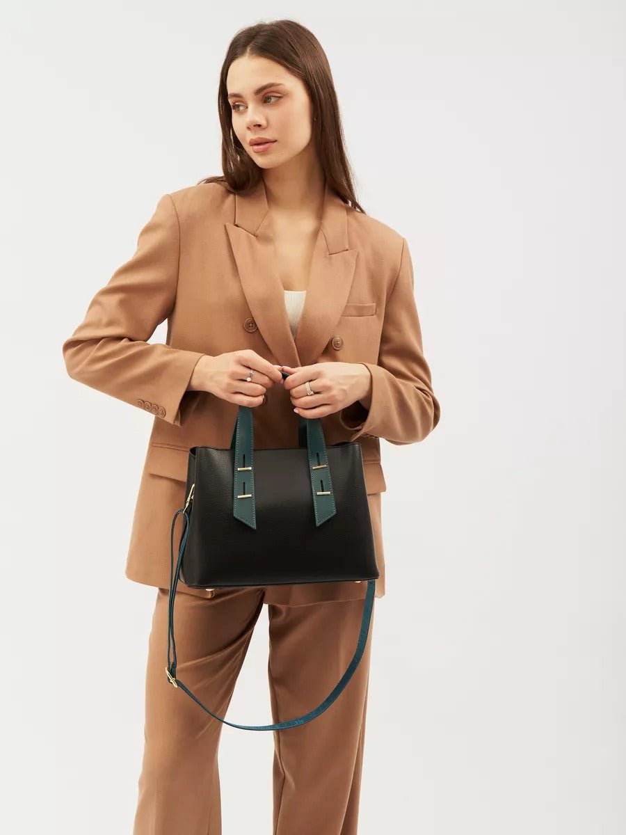 Sac à main femme, sac bandoulière, sac trapèze, moyen format, PU lisse, anse contrastée, sac chic ville, modèle Agapite - Sac à main - Noir