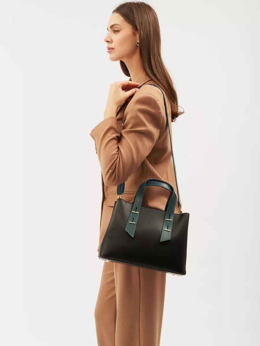 Sac à main femme, sac bandoulière, sac trapèze, moyen format, PU lisse, anse contrastée, sac chic ville, modèle Agapite - Sac à main - Noir