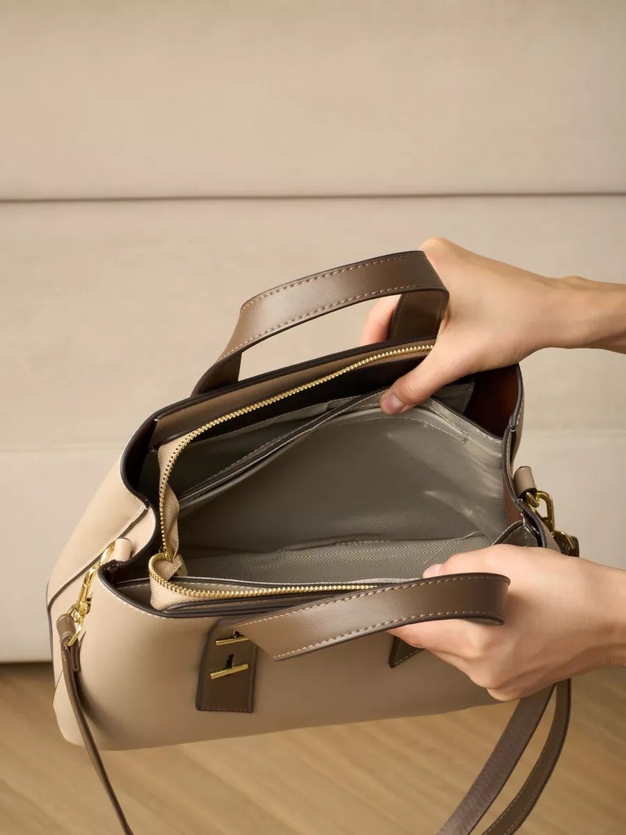 Sac à main femme, sac bandoulière, sac trapèze, moyen format, PU lisse, anse contrastée, sac chic ville, modèle Agapite - Sac à main - Gris