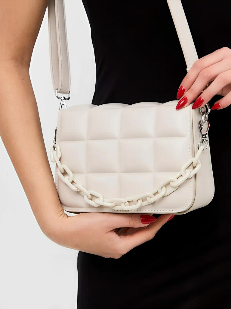 Sac à main matelassé femme, chaîne noire, porté épaule et bandoulière, compact, tendance, modèle Francia - Sac à main - Blanc