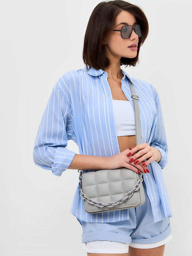 Sac à main matelassé femme, chaîne noire, porté épaule et bandoulière, compact, tendance, modèle Francia - Sac à main - Gris