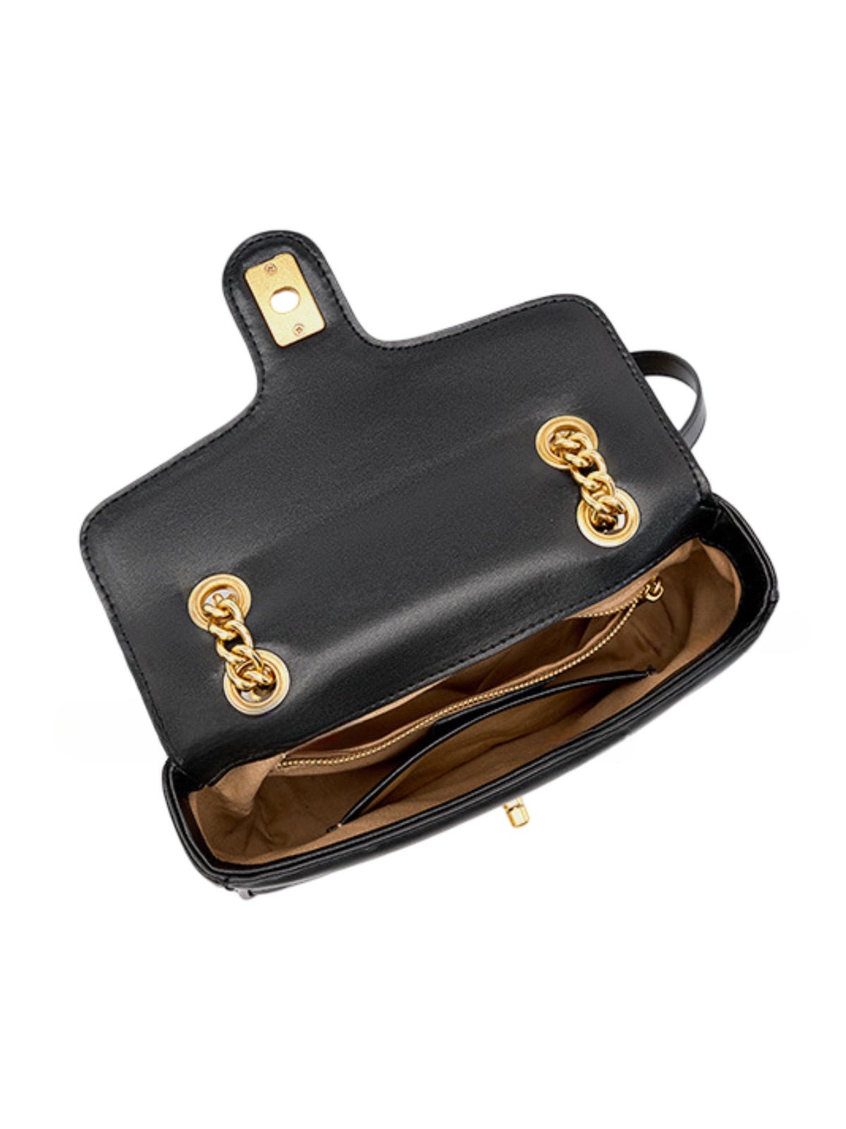 Sac à main noir matelassé, chaîne dorée, cuir lisse, rabat structuré forme rectangulaire, aspect luxe, chic, modèle Hemmy - Sac à main - Noir