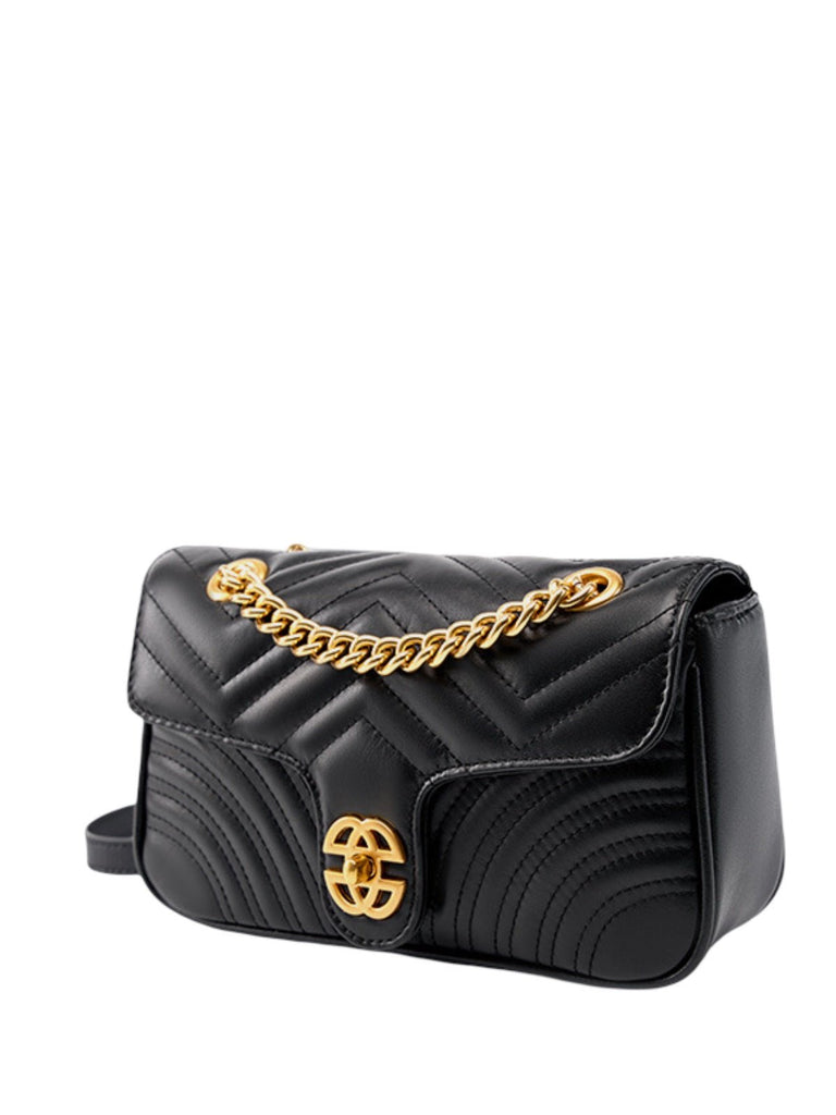 Sac à main noir matelassé, chaîne dorée, cuir lisse, rabat structuré forme rectangulaire, aspect luxe, chic, modèle Hemmy - Sac à main - Noir