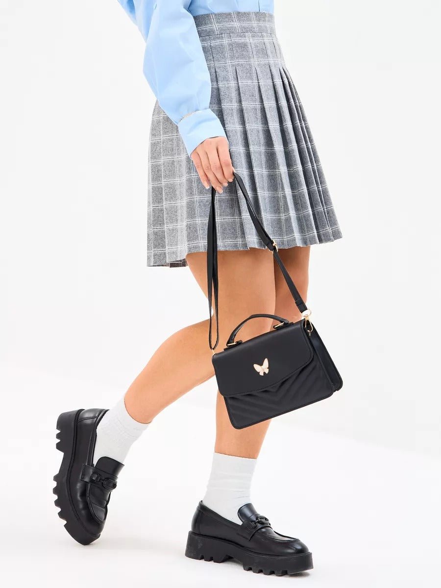 Sac à main papillon en simili vegan, sac bandoulière femme, sac porté épaule chic, petit sac rigide femme, sac rabat aimanté, modèle Barbara - Sac à main - Noir