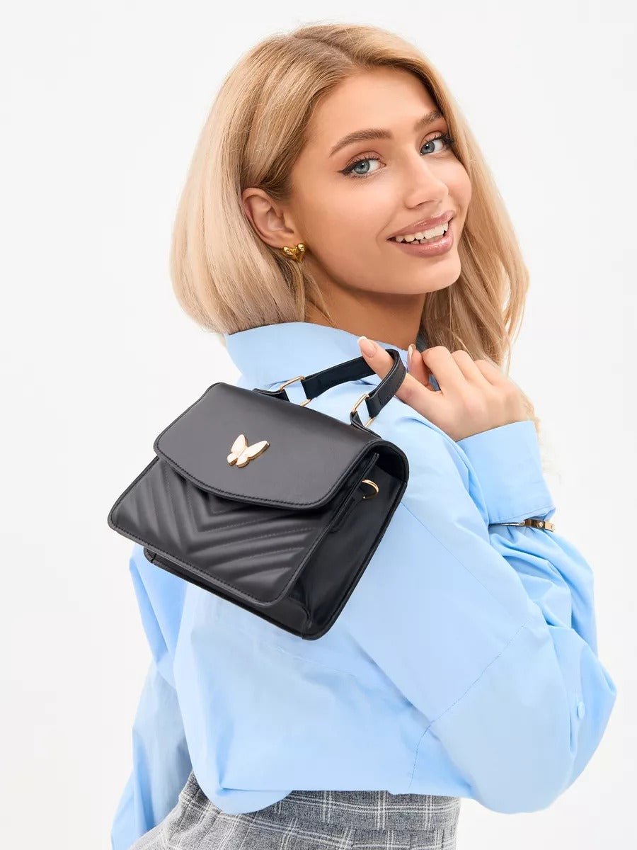 Sac à main papillon en simili vegan, sac bandoulière femme, sac porté épaule chic, petit sac rigide femme, sac rabat aimanté, modèle Barbara - Sac à main - Noir