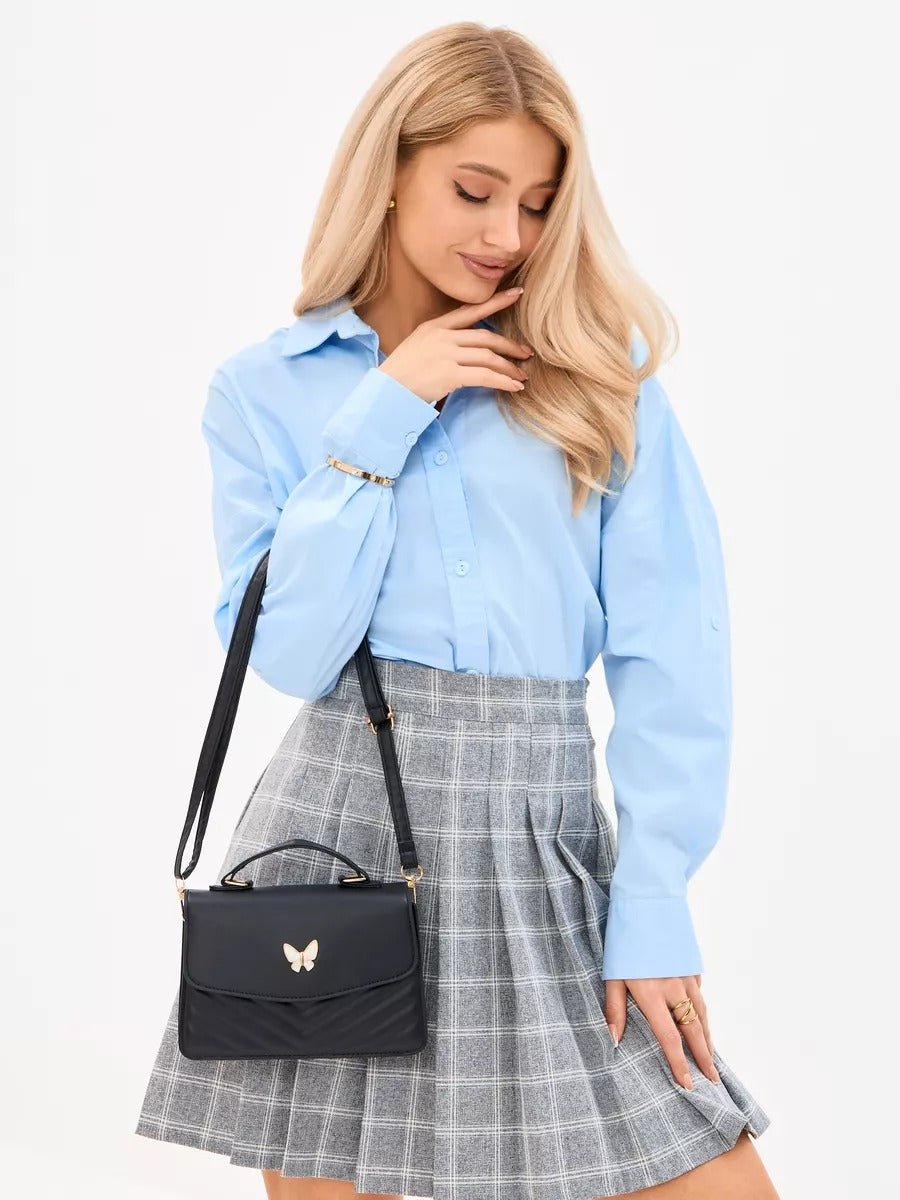 Sac à main papillon en simili vegan, sac bandoulière femme, sac porté épaule chic, petit sac rigide femme, sac rabat aimanté, modèle Barbara - Sac à main - Noir