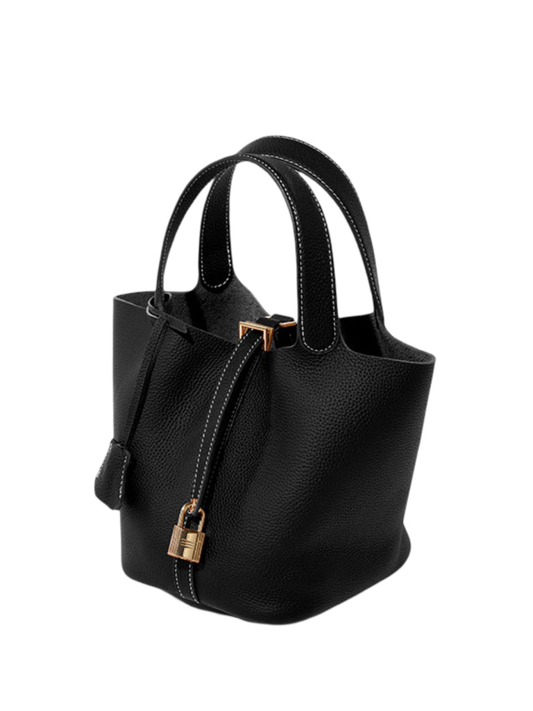 Sac à main seau en cuir, sac main femme, cabas luxe quotidien, sac cadenas, sac mode chic, modèle Elcia - Sac à main - Noir
