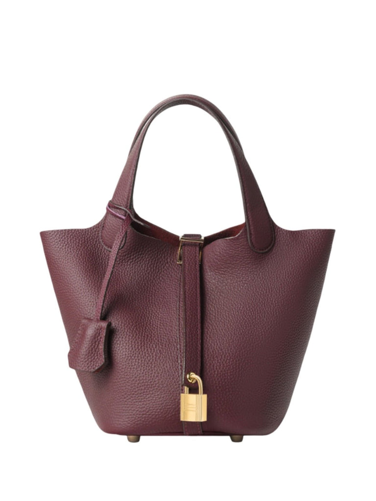 Sac à main seau en cuir, sac main femme, cabas luxe quotidien, sac cadenas, sac mode chic, modèle Elcia - Sac à main - Bordeaux